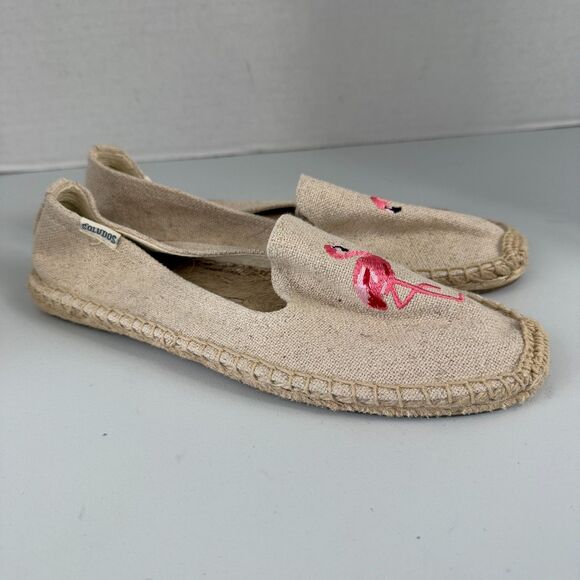 Soludos Espadrille Natural Slip On Shoes Pink Flamingo Embroidered Women's 7 - Picture 1 of 12